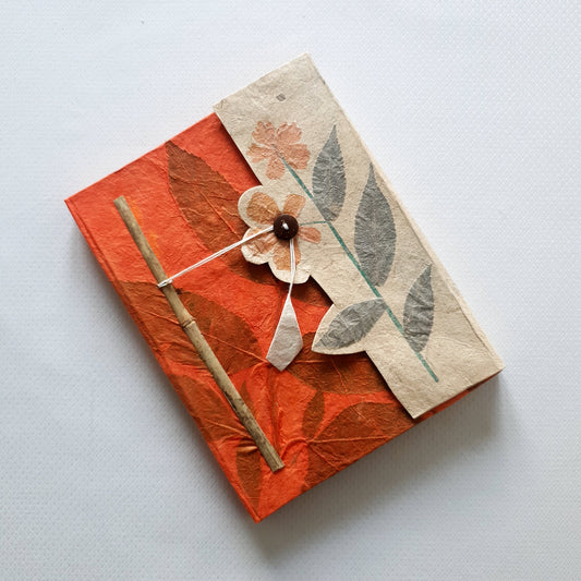 Handmade Paper Notebook Leaf Flower Pattern - Vermillion