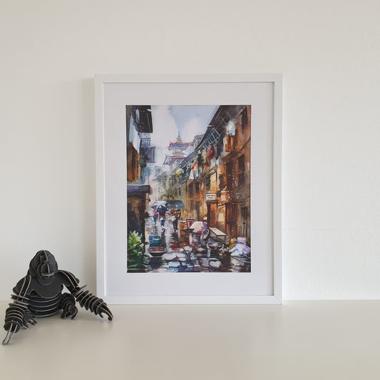 Art Print - Rainy season, street scene from Kathmandu, Nepal