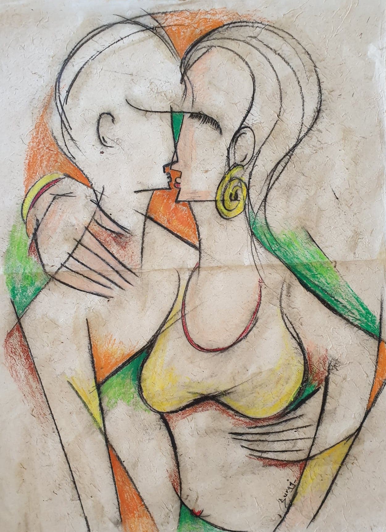 Connection within, a loved theme figurative painting by Suraj Sainju