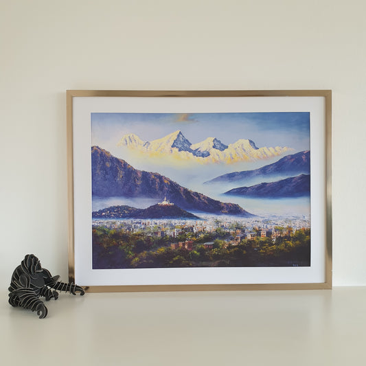 Art Print | Kathmandu valley with Ganesh Himal mountain range and Swoyambhunath temple ( Monkey temple) in the background.