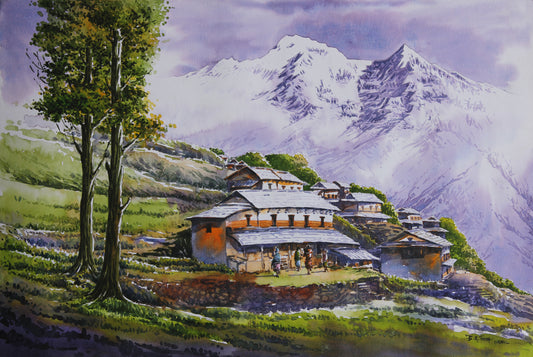 Mount Annapurna South and Himchuli with Village, Pokhara