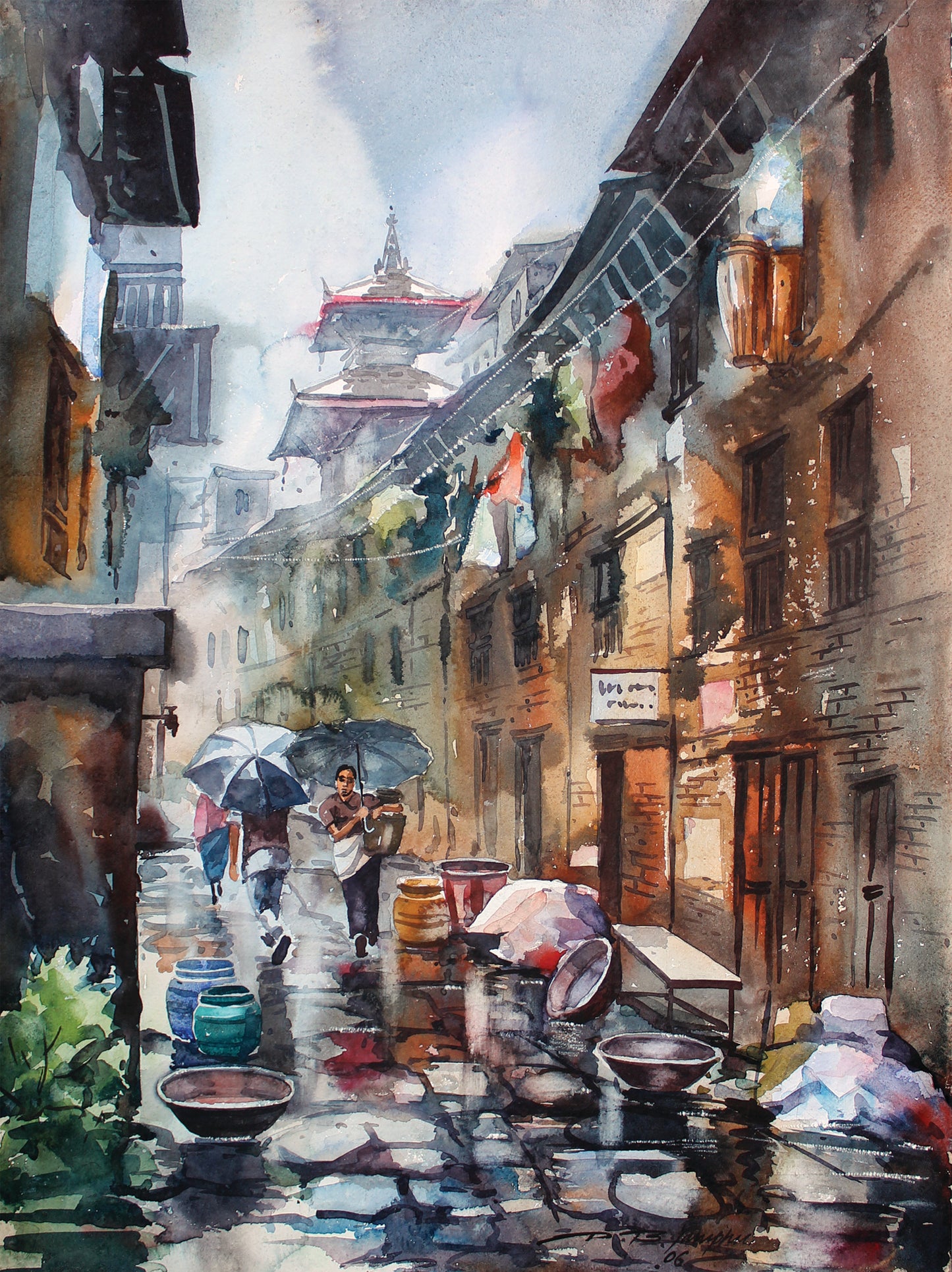 Art Print - Rainy season, street scene from Kathmandu, Nepal