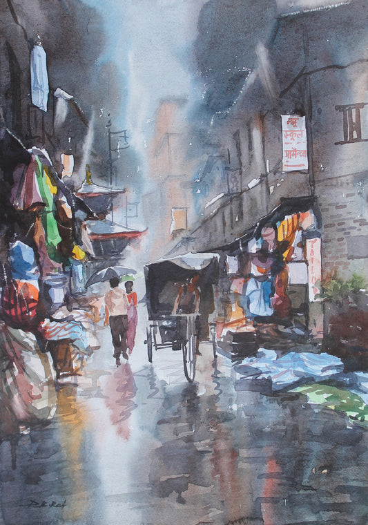 Regntiden, gadeudsigt over Ason, Kathmandu