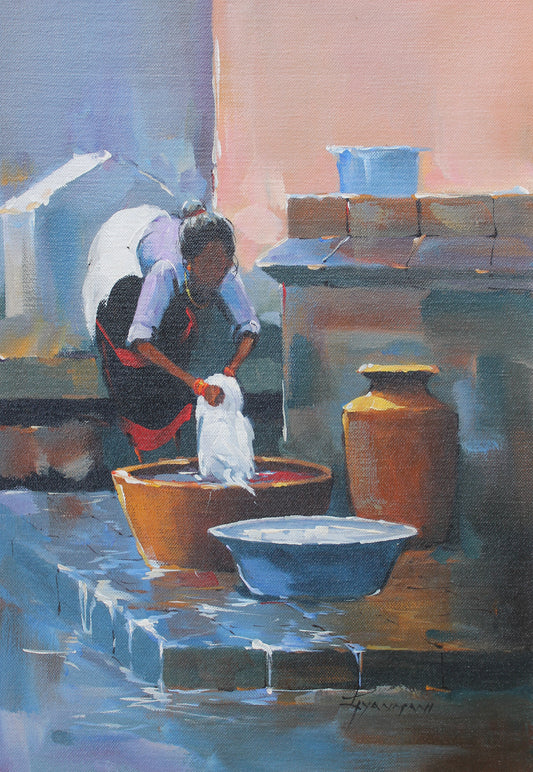 Acrylic painting of Women washing clothes at well form Nepal