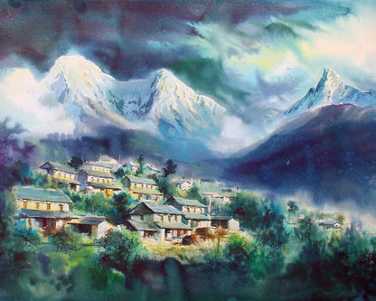 Kunsttryk - Mount Annapurna Range med Ghandruk Village fra Pokhara