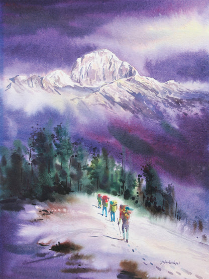Art Print - Mount Dhaulagiri from Poon Hill with trekkers