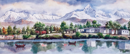 Art Print | Mount Annapurna range with Fewa lake from Pokhara, Nepal