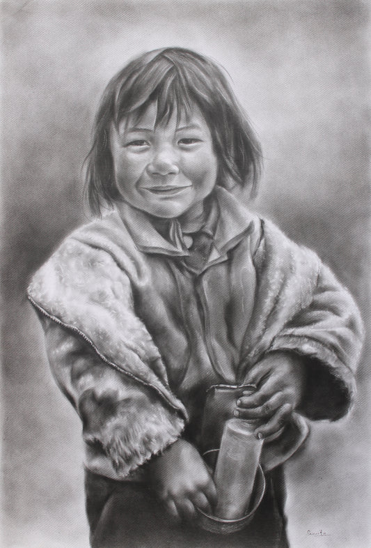 charcoal art of tibetalngirl form nepal