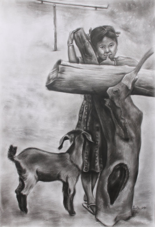 Charcoal art of little girl with baby goat from Nepal