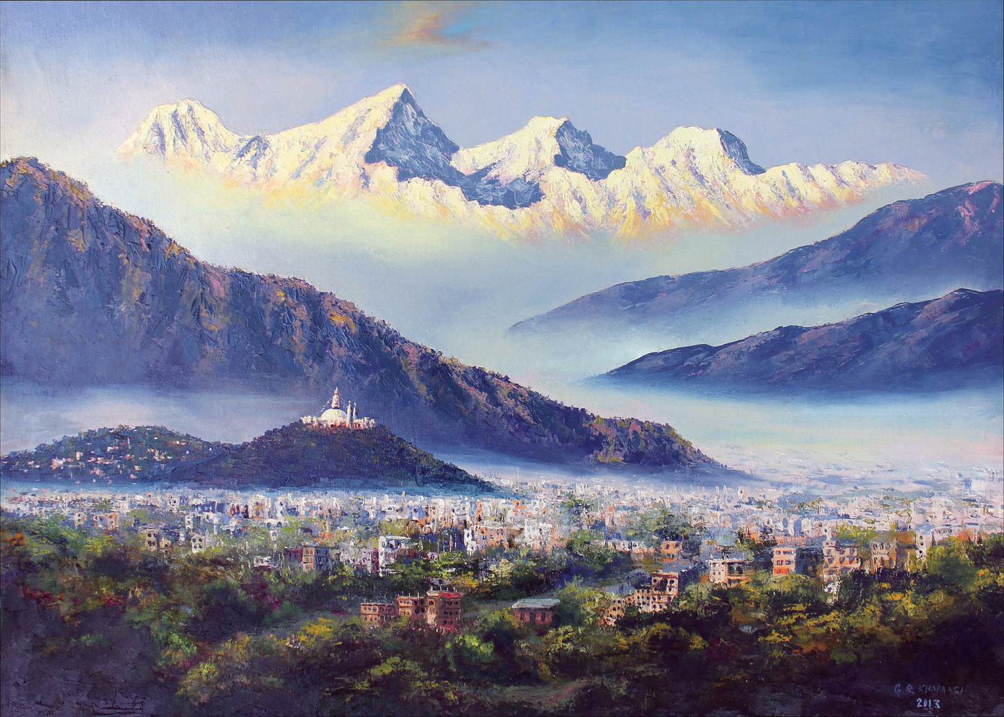 Art Print | Kathmandu valley with Ganesh Himal mountain range and Swoyambhunath temple ( Monkey temple) in the background.