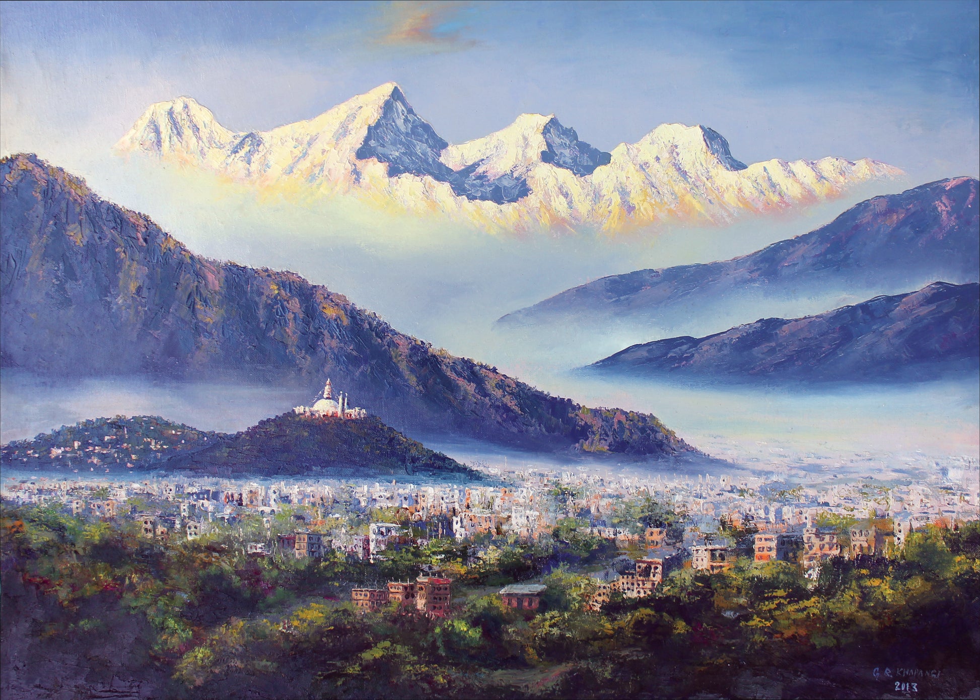 Art Print | Kathmandu valley with Ganesh Himal mountain range and Swoyambhunath temple ( Monkey temple) in the background.