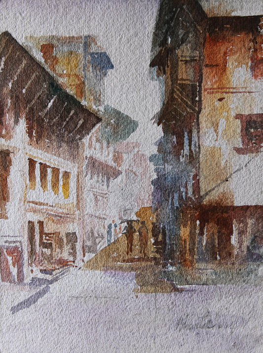 A semi abstract water colour painting of street scene from Nepal | Art Plads