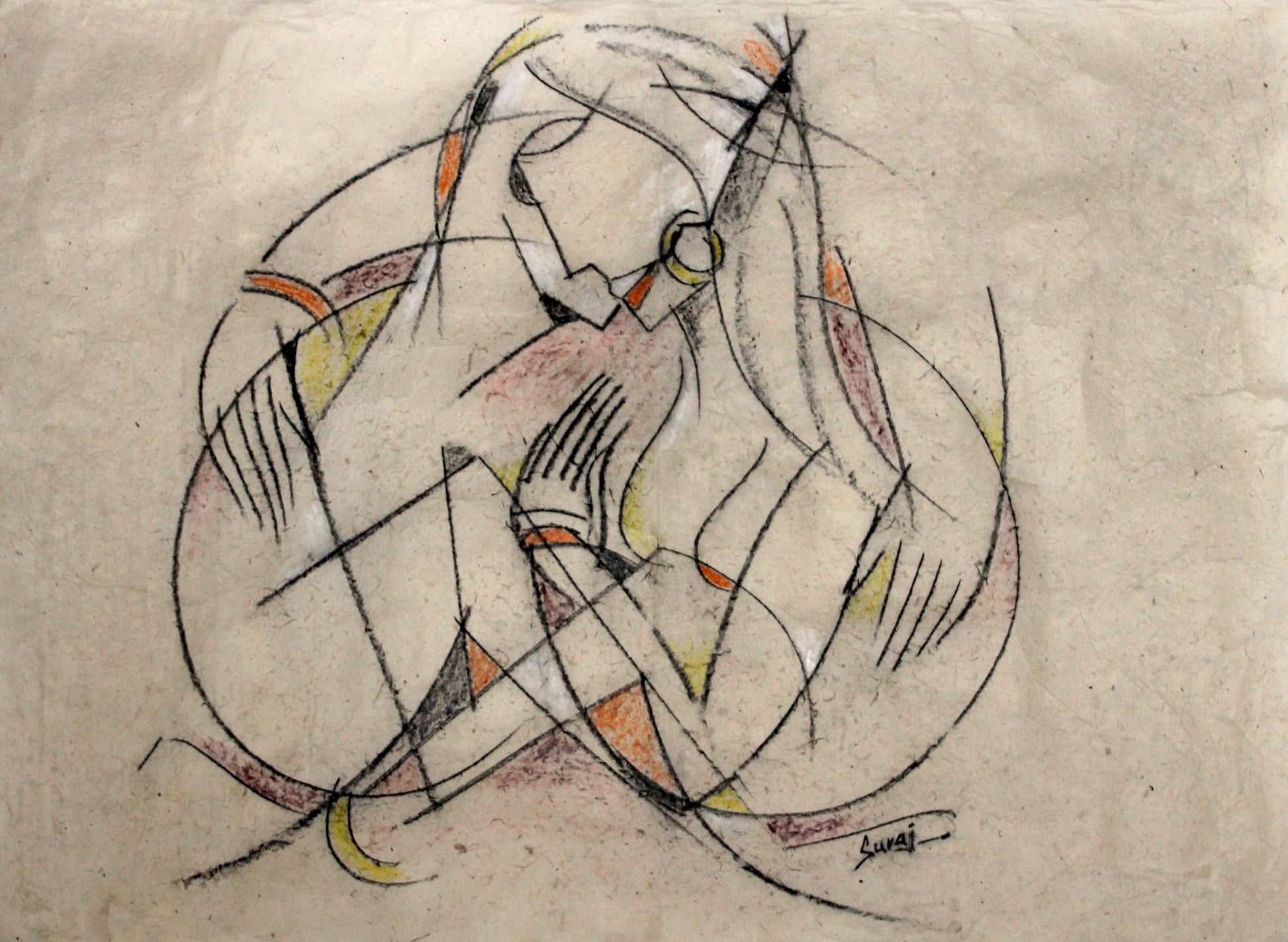 A charcoal and soft pastel sketch art expressing love and life - made on rice paper. (Lokta paper)